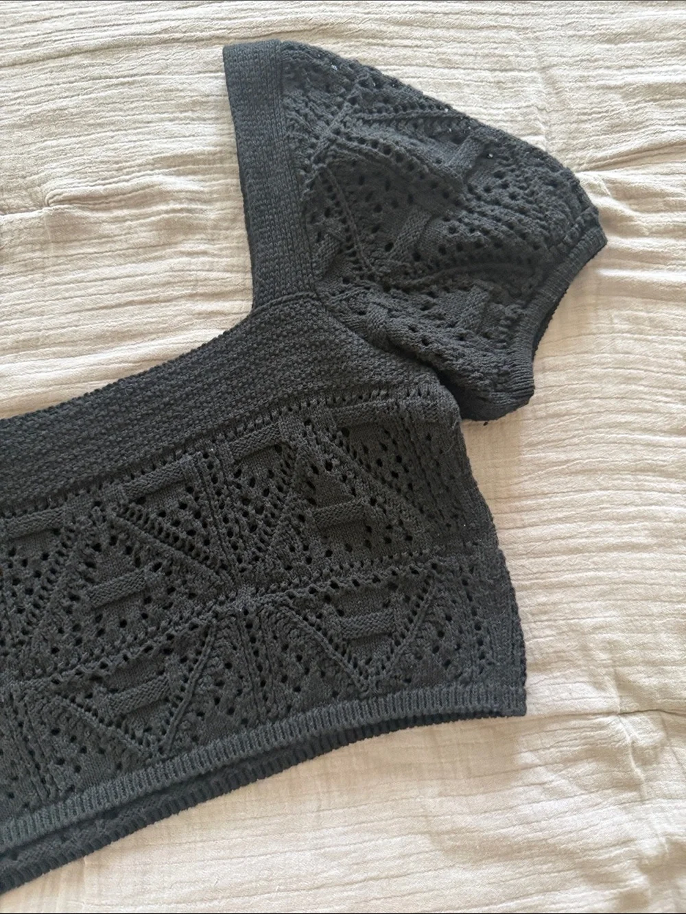 ZARA Black Crochet Square-Neck Crop Top with Puff Sleeves